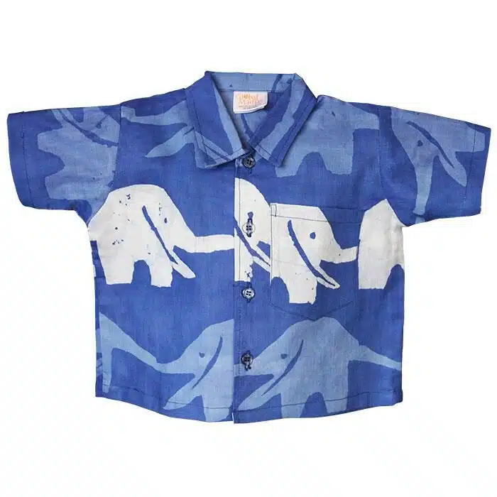 Button Down Shirt: Elephants - Blue-Organic