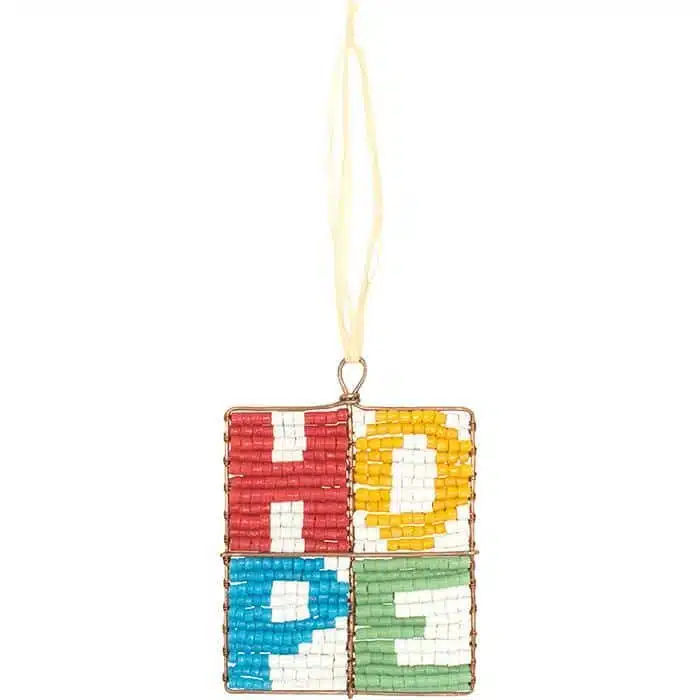 Multicolored mosaic-block ornament, lettered H.O.P.E.