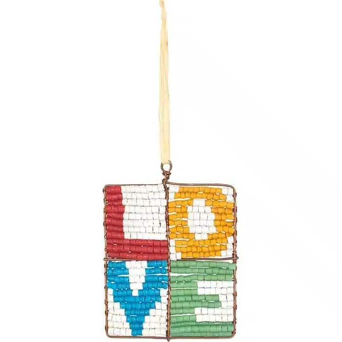 Multicolored mosaic-block ornament, lettered L.O.V.E.